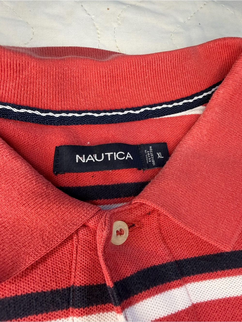 Nautica Men’s Coral Red V‑Neck Striped Sweater with Navy & White Trim